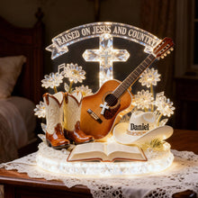 Load image into Gallery viewer, "Raised on Jesus and Country" - Personalized Acrylic Light Box - Gifts for Christian Guitarists, Friends, and Family Light Box PopCulturePrints
