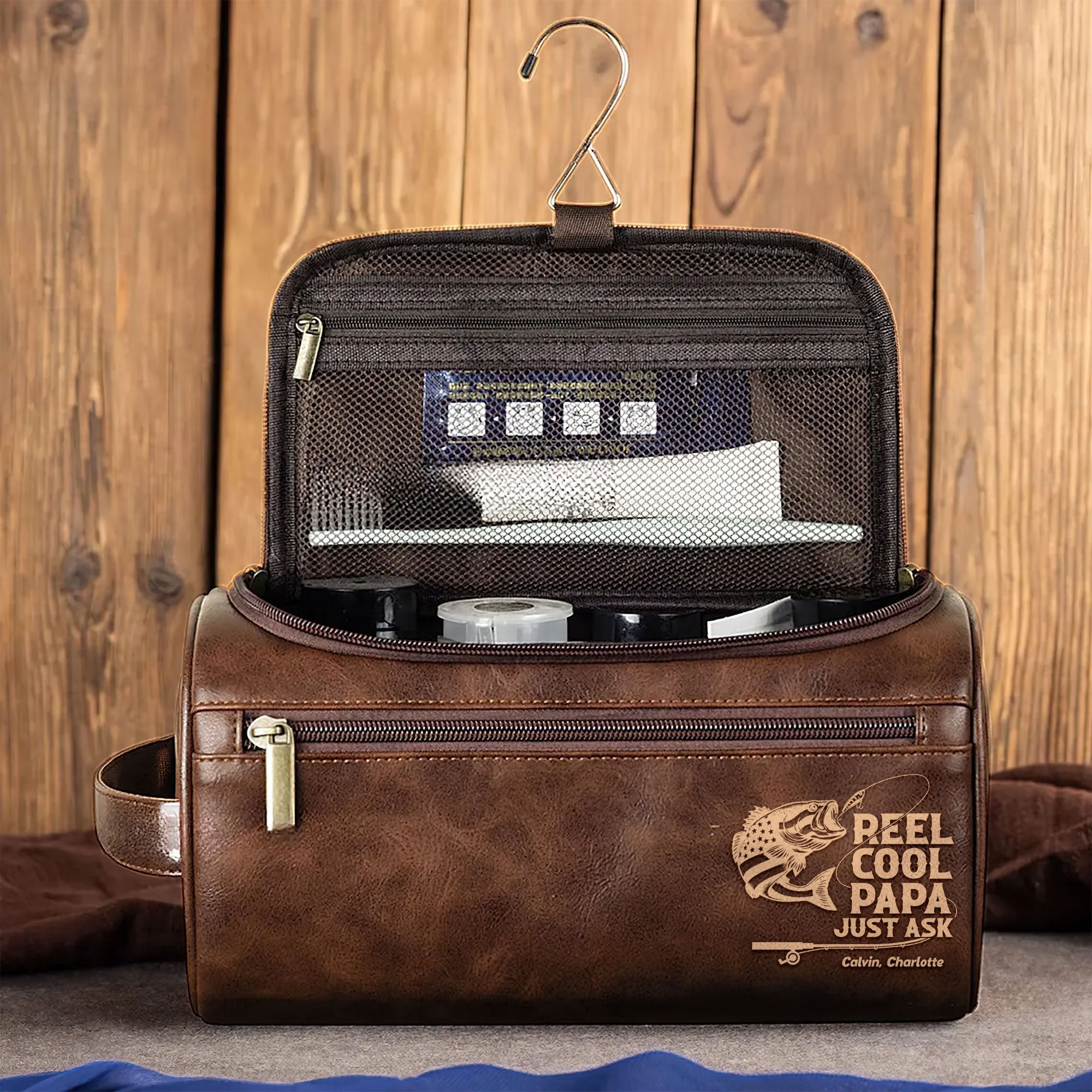 "Fishing with Dad: A Personalized Touch for Every Adventure" - Fishing Dad Leather Toiletry Bag - Custom Gift for Dad & Grandpa Toiletry Bag PopCulturePrints