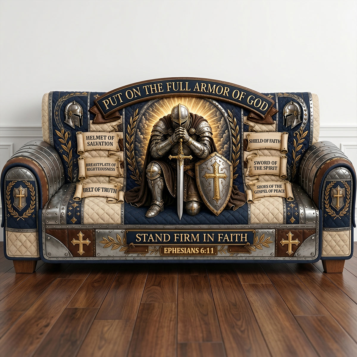 “Put on the Full Armor of God” - Personalized Quilted Sofa Cover - Unique Gift for Christians, Spirituality Lovers, and Faith Seekers