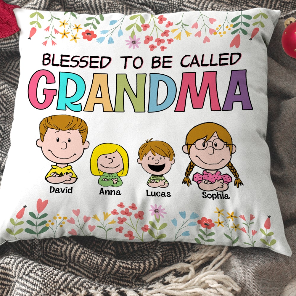 Personalized Cartoon Grandkids Pillow - Blessed To Be Called Grandma