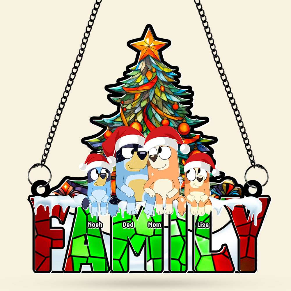 Personalized Family Cartoon Dog Christmas Suncatcher Ornament