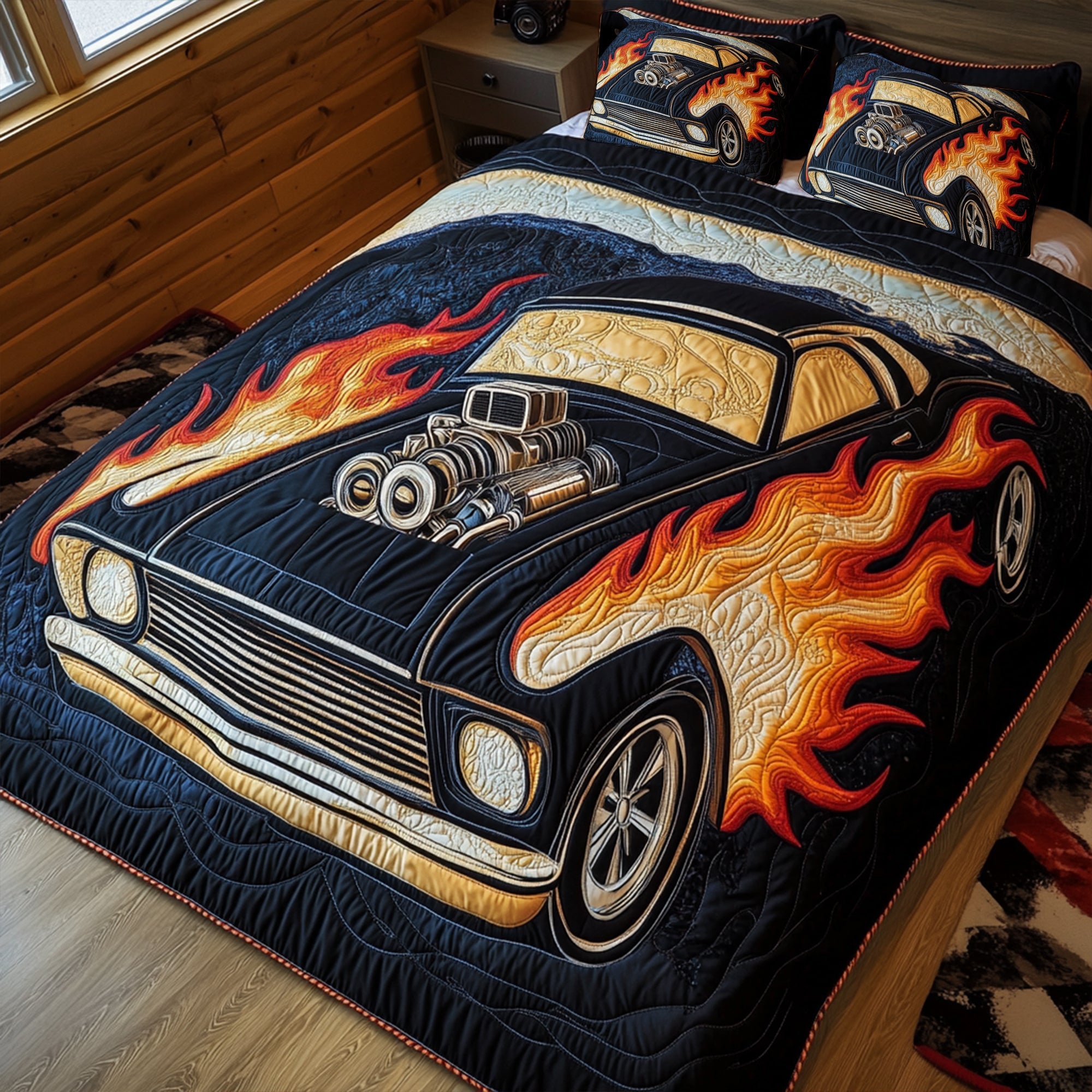 Ignite Your Passion - Flaming Muscle Car Quilt Bed Set - Personalized Gift for Racing Enthusiasts Blanket PopCulturePrints