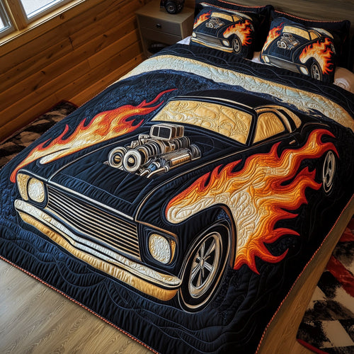 Ignite Your Passion - Flaming Muscle Car Quilt Bed Set - Personalized Gift for Racing Enthusiasts Blanket PopCulturePrints