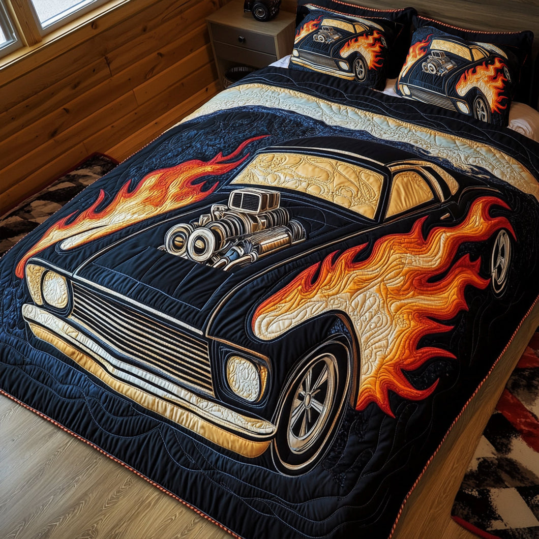 Ignite Your Passion - Flaming Muscle Car Quilt Bed Set - Personalized Gift for Racing Enthusiasts Blanket PopCulturePrints