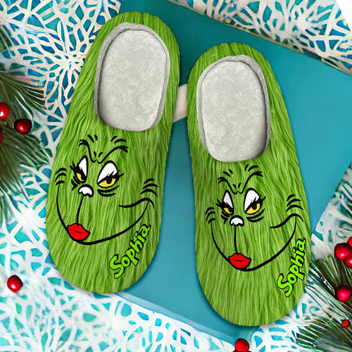 Personalized Grinch-Themed Christmas Slippers Shoes PopCulturePrints