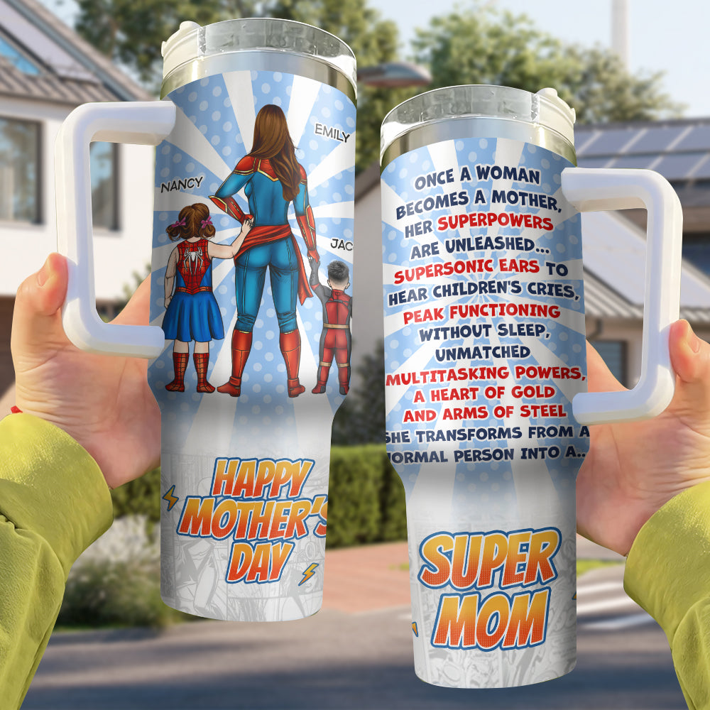 Personalized Super Mom Tumbler - Custom Names - Mother's Day Gift Tumbler Cup PopCulturePrints