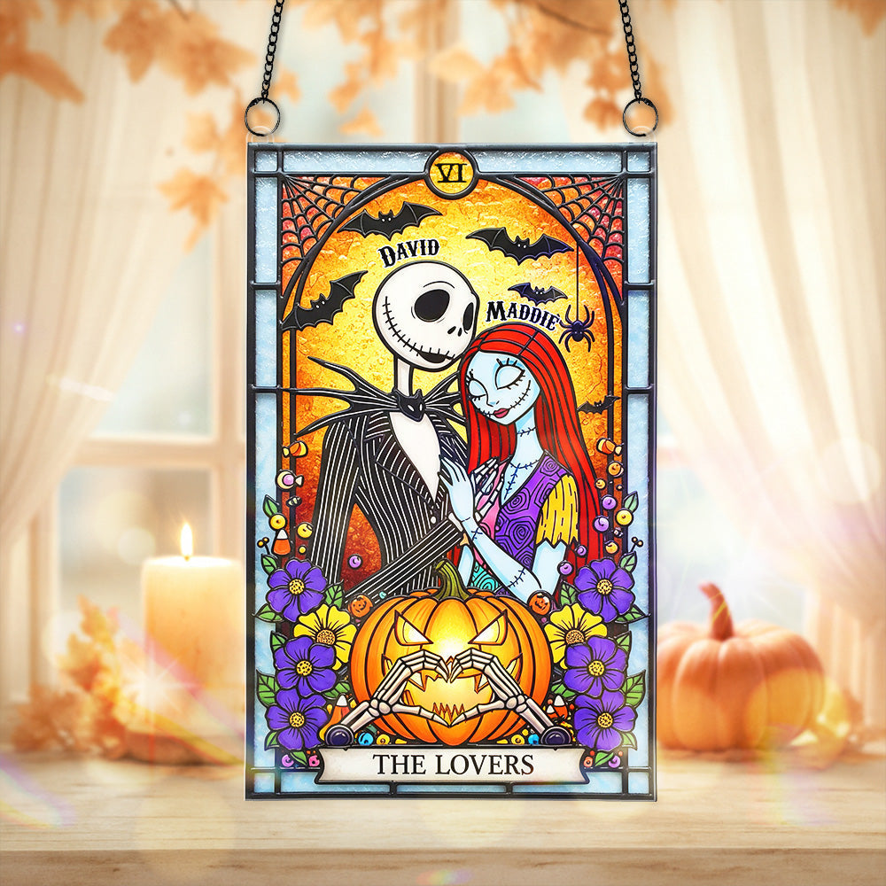 "Celebrate Love and Spookiness - Gothic Card The Lovers Suncatcher - Personalized Gift for Couples, Friends, and Family for Halloween" Ornament PopCulturePrints