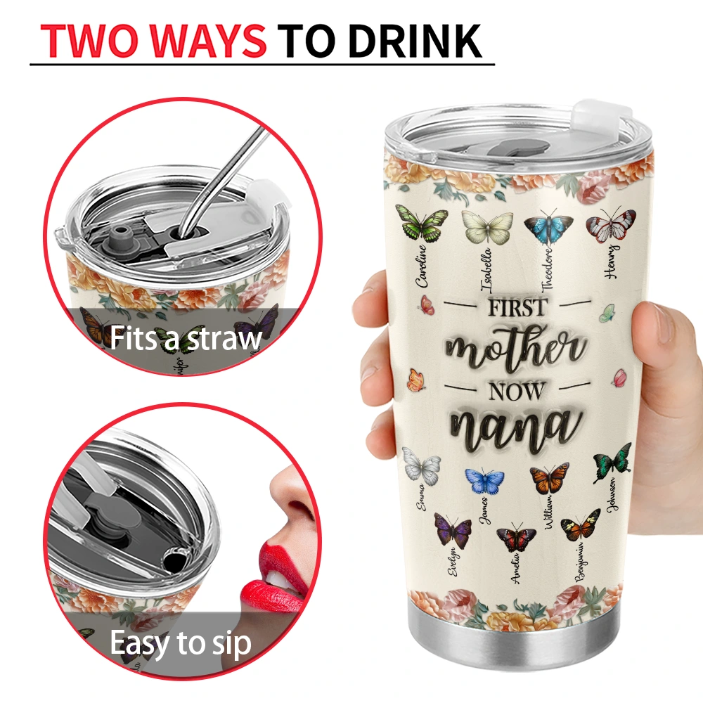 “First Mom, Now Grandma” - Personalized Tumbler with Butterflies for Loving Grandmothers Tumbler PopCulturePrints