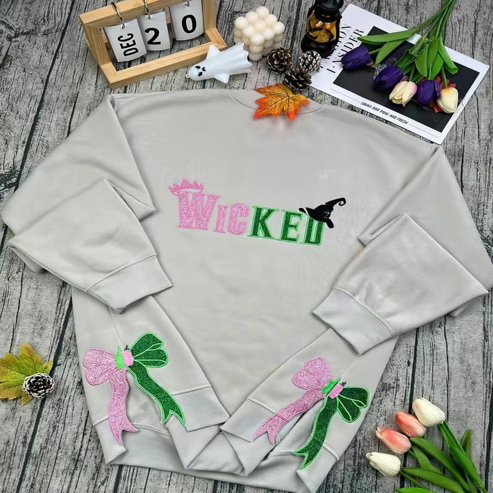 Wicked Glitter Embroidered Sweatshirt with Side Bow Shirts PopCulturePrints
