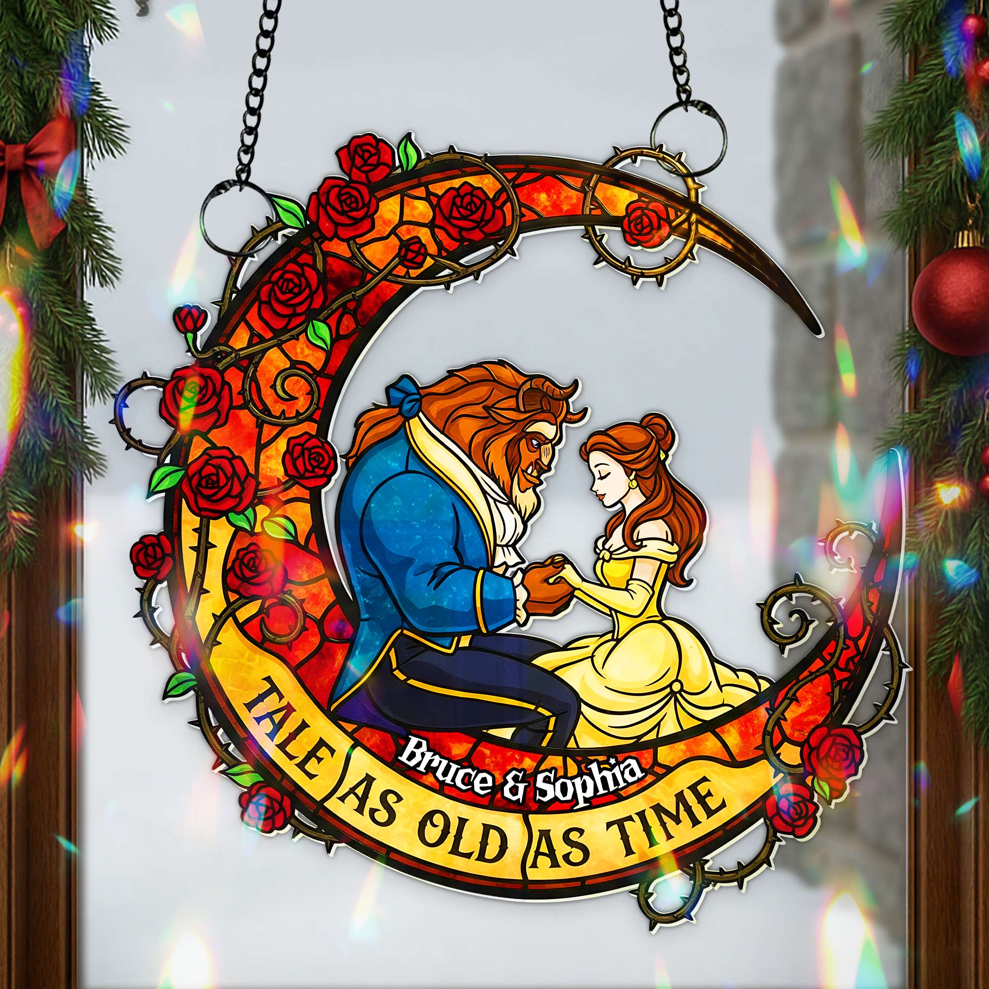 "A Tale As Old As Time" - Personalized Fairytale Couple Suncatcher Ornament - Unique Gift for Couples, Anniversaries, and Special Occasions Ornament PopCulturePrints