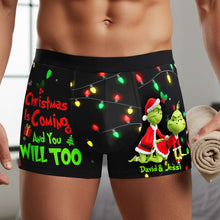 Load image into Gallery viewer, “Christmas Is Coming and You Will Too” - Personalized Grinch Couples Boxers - Gift for Him &amp; Her Boxer Briefs PopCulturePrints

