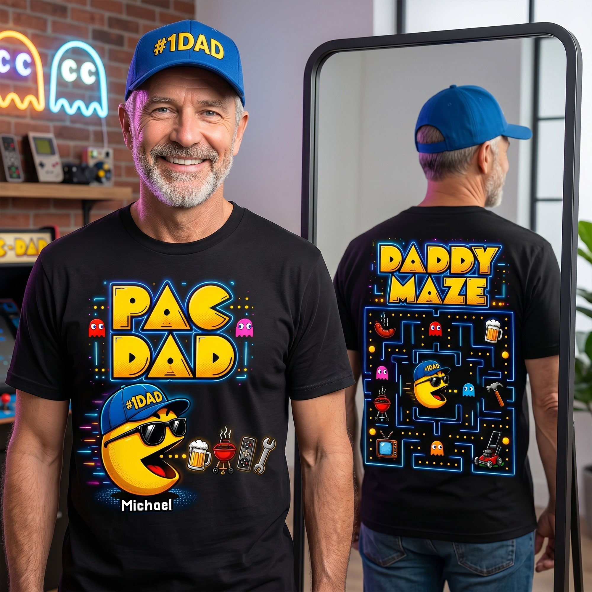 "Level Up Your Dad's Style!" - Retro Arcade Dad Shirt - Personalized Gift for Dads, Grandpas, and Gamers Shirts PopCulturePrints