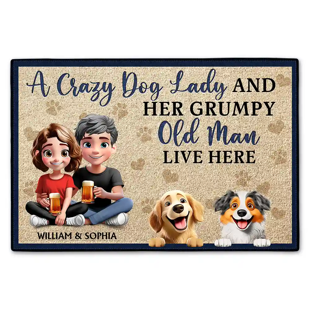 A Crazy Dog Lady & Her Grumpy Old Man Live Here - Personalized Doormat for Pet Lovers Doormat PopCulturePrints