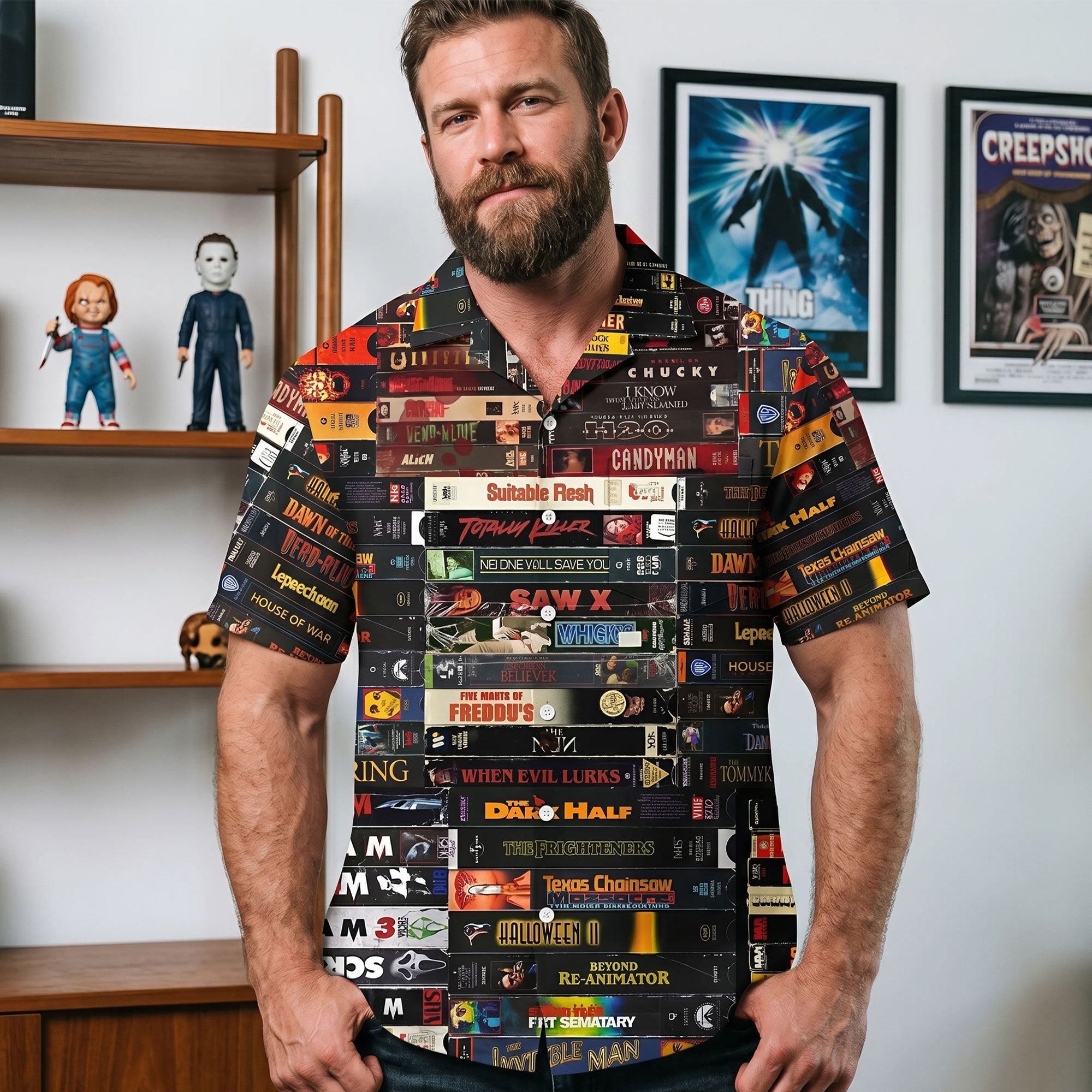 "Dive into Horror!" - Horror Tape Stack Hawaiian Shirt - Custom Gift for Horror Lovers Hawaiian Shirts PopCulturePrints