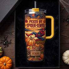 Load image into Gallery viewer, "Picked by Spider-Sense!" - Personalized Pumpkin Battle Hero Tumbler - Unique Gift for Halloween Lovers
