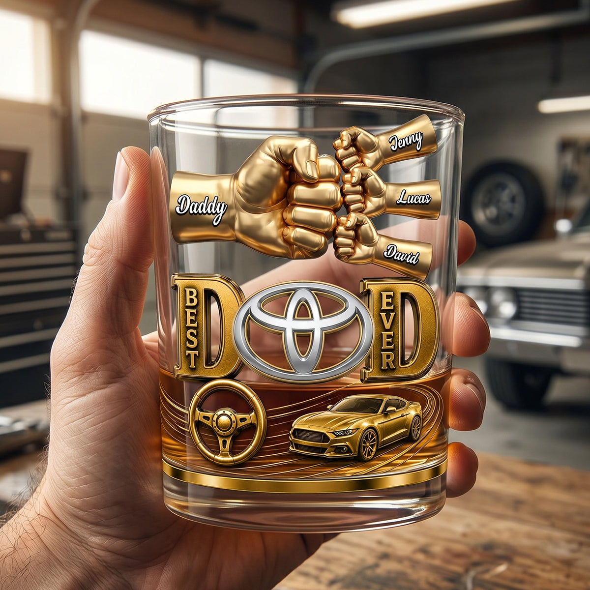 "Best Dad Ever" - Personalized Muscle Car Dad Round Glass - Unique Gift for Dads and Grandpas Glass PopCulturePrints