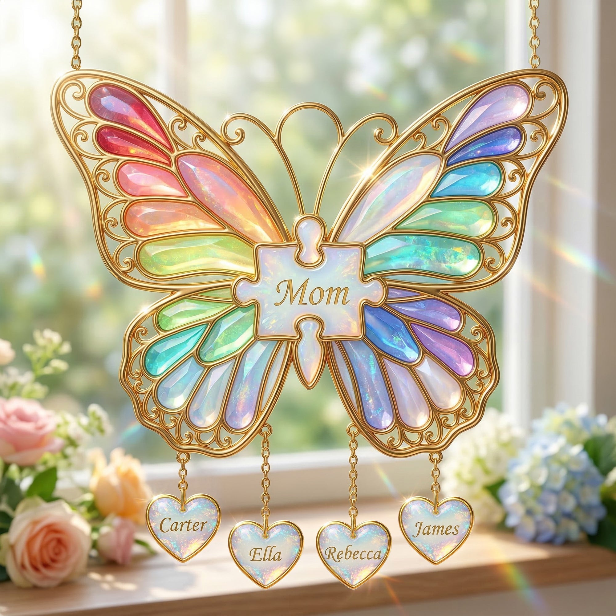 "Celebrate Love with a Personal Touch" - Butterfly Mom Suncatcher Ornament - Custom Gift for Mom, Grandma, and More Ornament PopCulturePrints