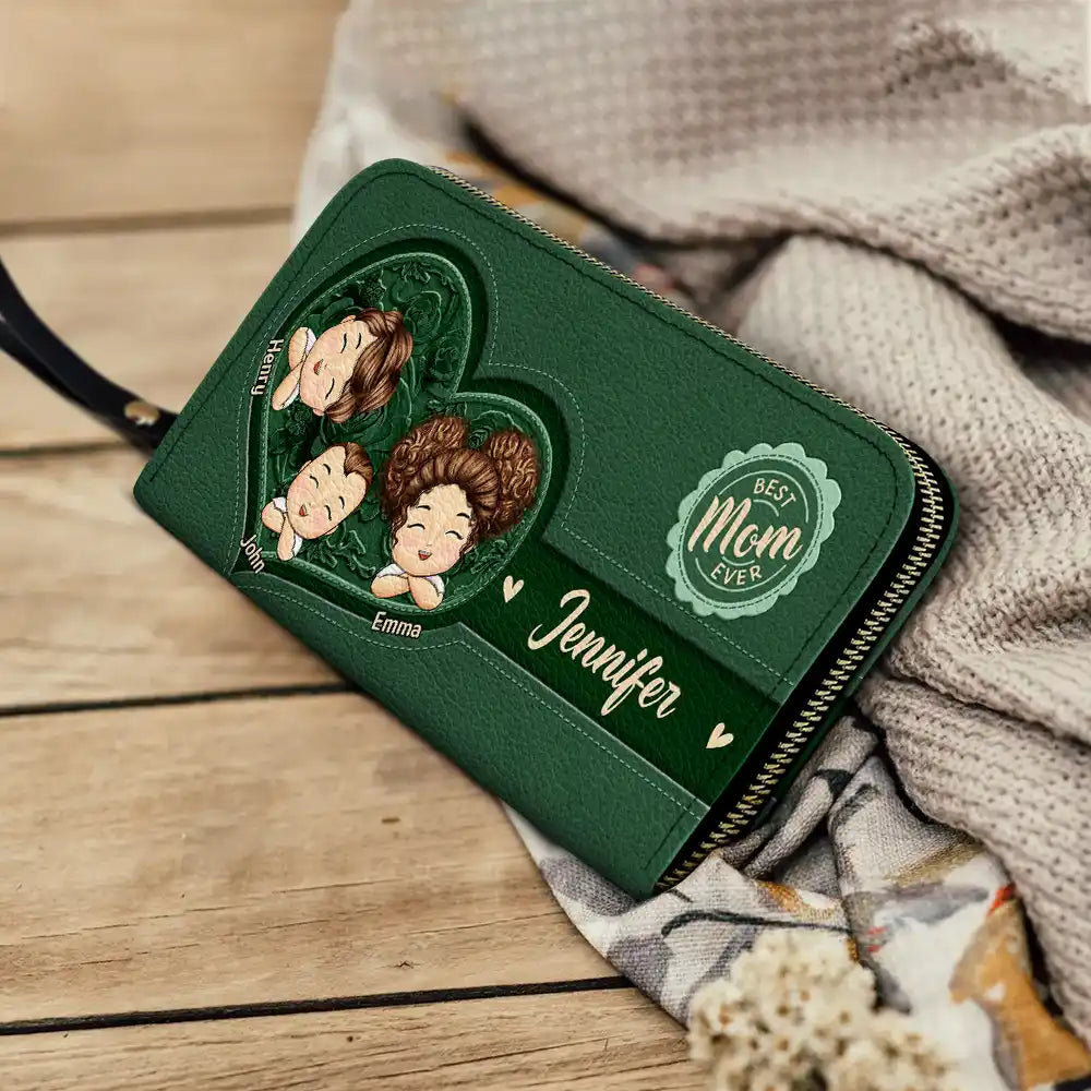 Best Mom Ever - Personalized Leather Long Wallet with Cute Chibi Kids Design Leather Long Wallet PopCulturePrints