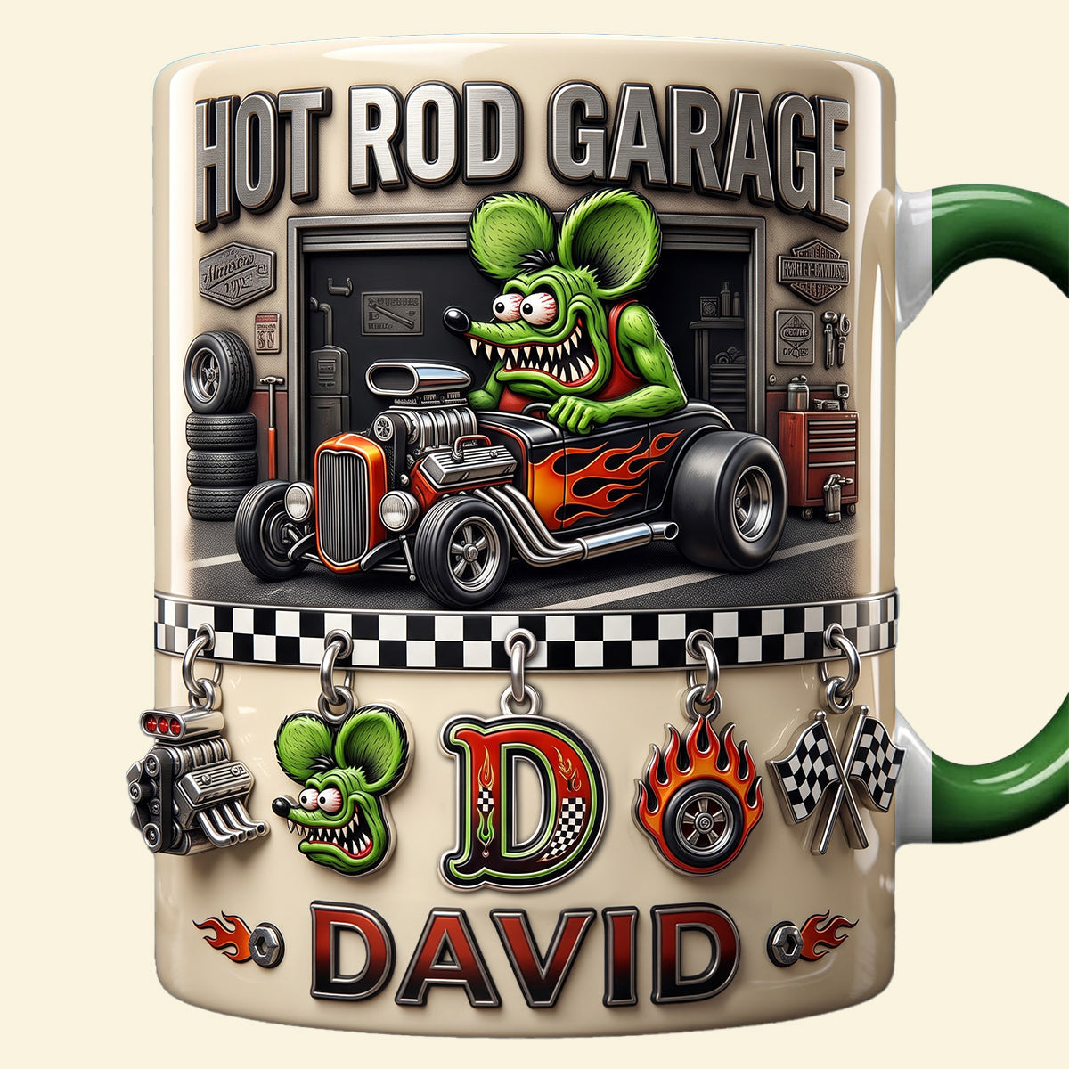 “Rev Up Your Spirit!” - Cute Alphabet Christmas Fun Rat Fink Accent Mug - Personalized Gift for Hot Rod Lovers