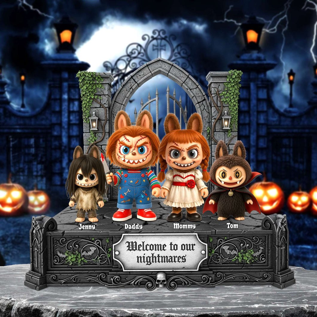 “Welcome to Our Nightmares!” - Creepy Family Halloween Acrylic Plaque - Personalized Gift for Halloween Enthusiasts Shaped Plaques PopCulturePrints