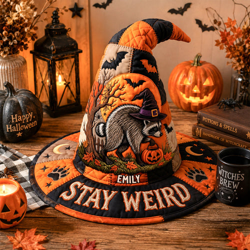 “Stay Weird” Raccoon Quilted Witch Hat - Personalized Halloween Gift Quilted Witch Hat PopCulturePrints