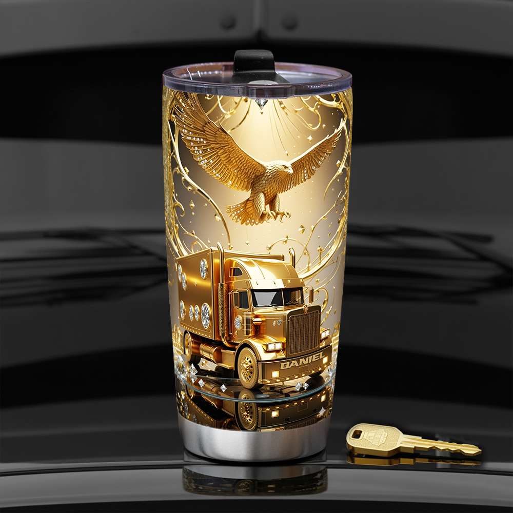 Golden Semi Truck Tumbler - Personalized Gift for Truckers Tumbler Cup PopCulturePrints