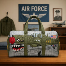 Load image into Gallery viewer, &quot;Fly High with Courage: Personalized Airplane Shark Duffle Bag - A Meaningful Gift for Veterans and Aviation Lovers&quot; Quilted Duffle Bag PopCulturePrints
