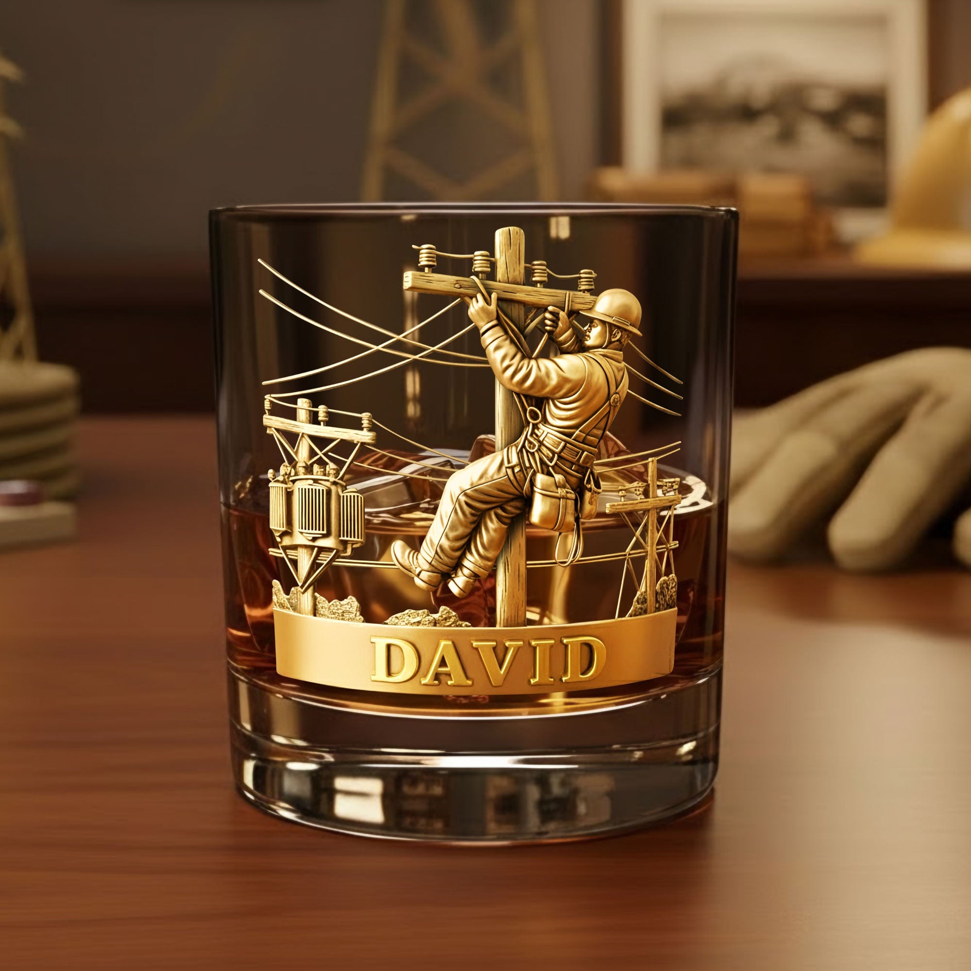 Celebrate the Spirit of Hard Work - Personalized Lineman Round Whiskey Glass Glass PopCulturePrints