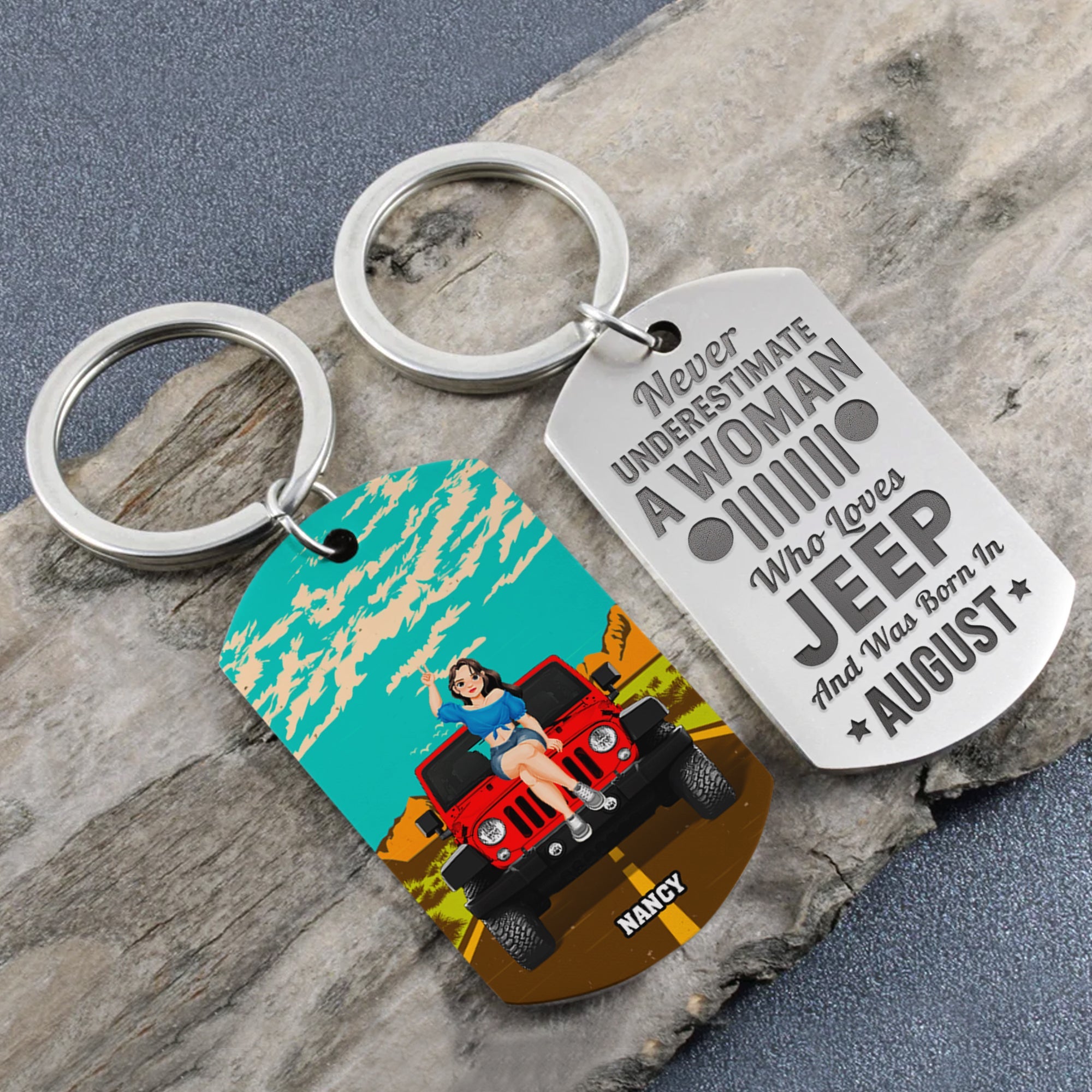 Personalized Jeep Lover Women Born in August Keychain