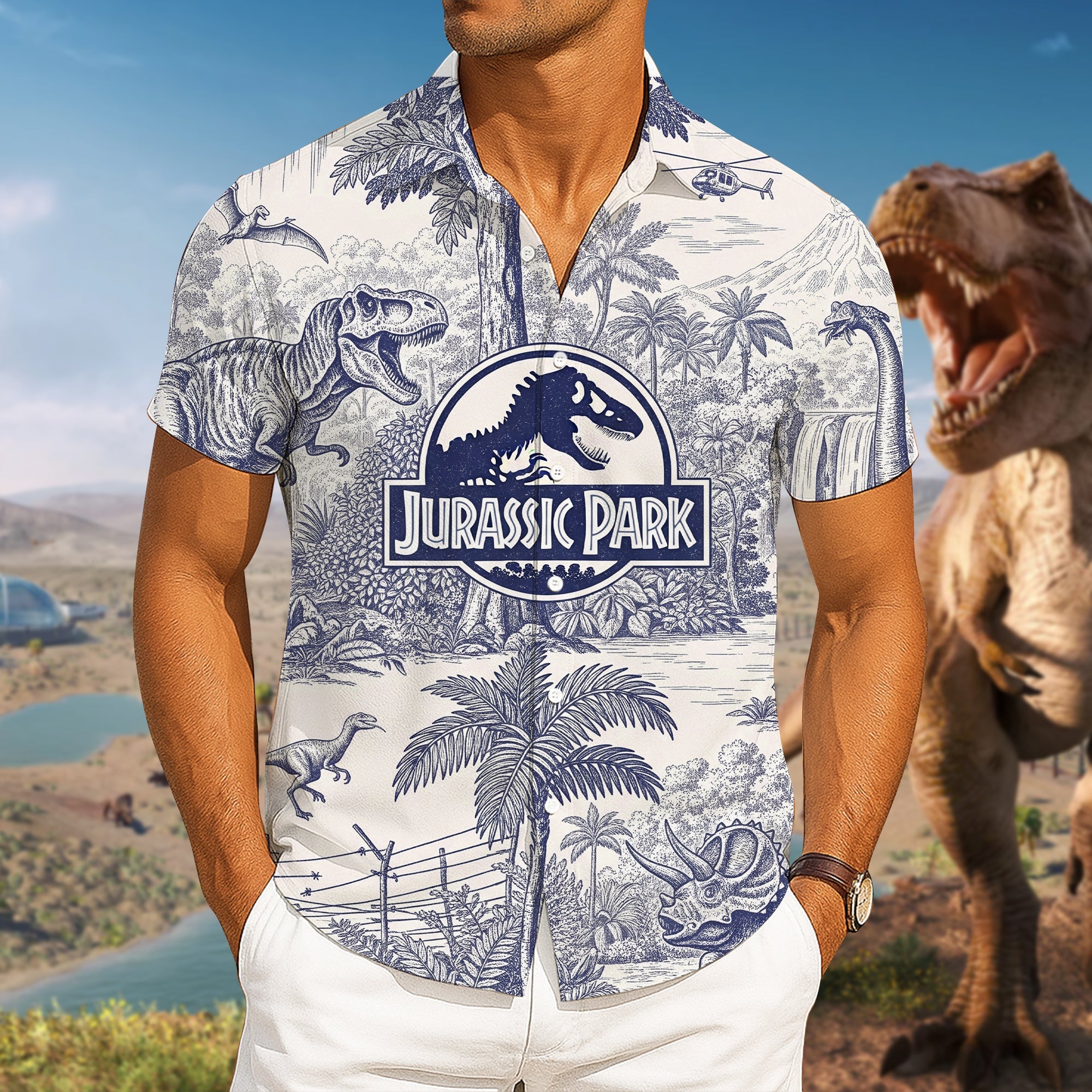 “Unleash Your Inner Dinosaur!” - Custom Toile de Jouy Style Hawaiian Shirt - Unique Gift for Dinosaur Lovers Hawaiian Shirts PopCulturePrints