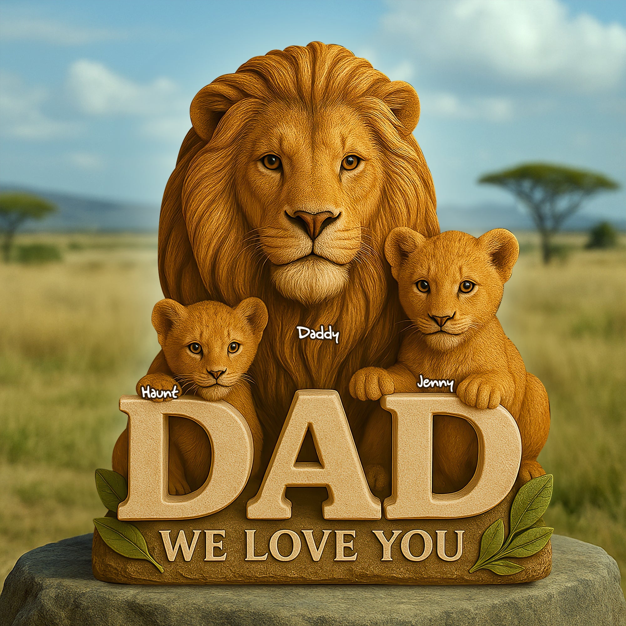 “Dad, We Love You” - Lion Dad & Little Cubs Acrylic Plaque - Personalized Gift for Dad, Grandpa, and Every Special Father Shaped Plaques PopCulturePrints