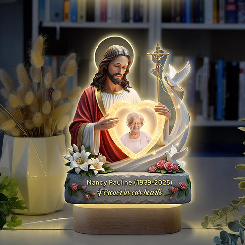 Forever in Our Hearts - Custom Photo Gift Featuring Jesus Led Light Led Night Light PopCulturePrints