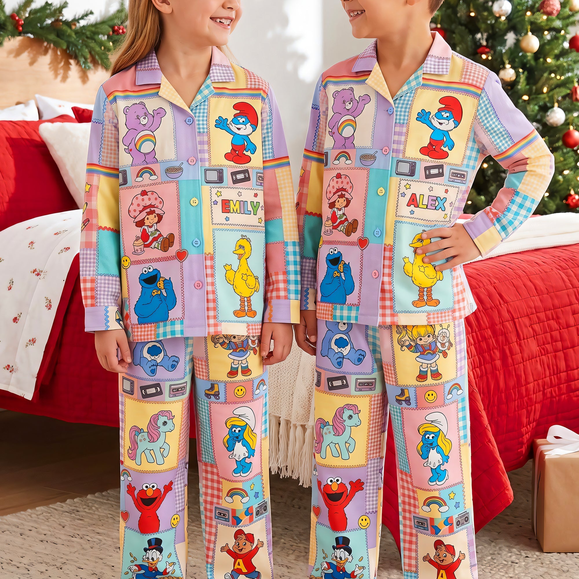 Bring Back Childhood Memories - Lovely Nostalgic Cartoon Characters Pajama Set - Personalized Gift for Kids and Adults Pajama Set PopCulturePrints