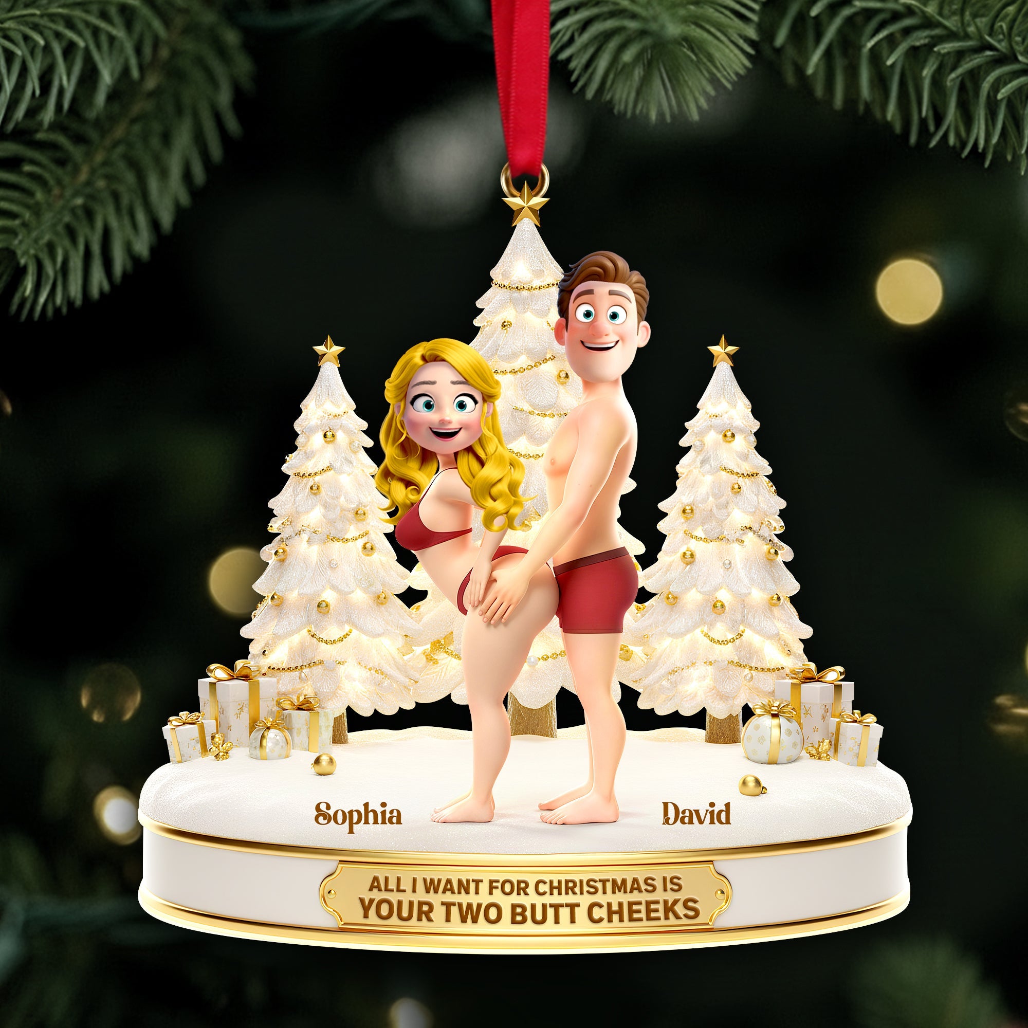 All I Want for Christmas is Your Two Butt Cheeks - Personalized Playful Couple Acrylic Ornament Ornament PopCulturePrints