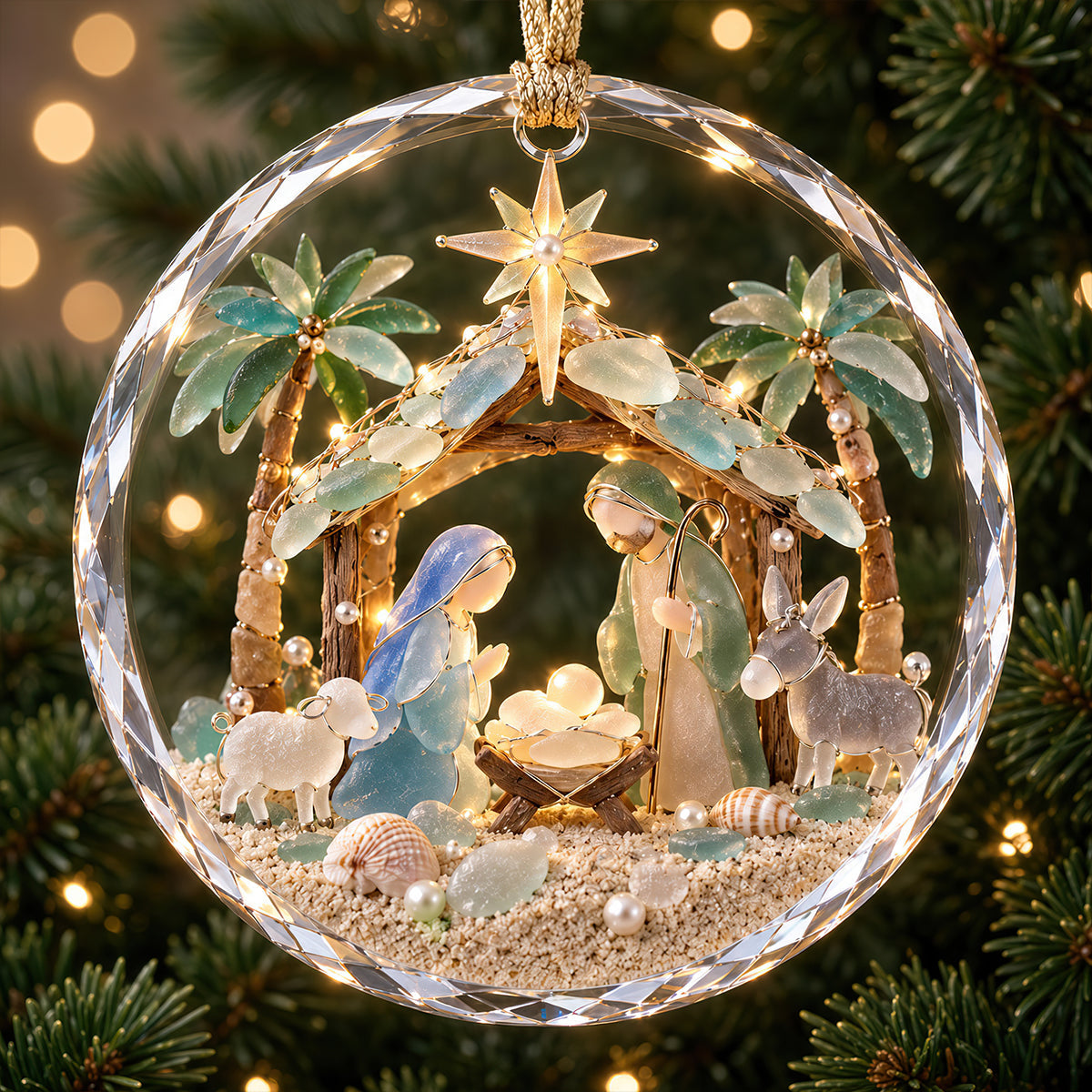 Cherish the Spirit of Christmas - Holly Nativity Sea Glass Crystal Ornament, Personalize for Loved Ones