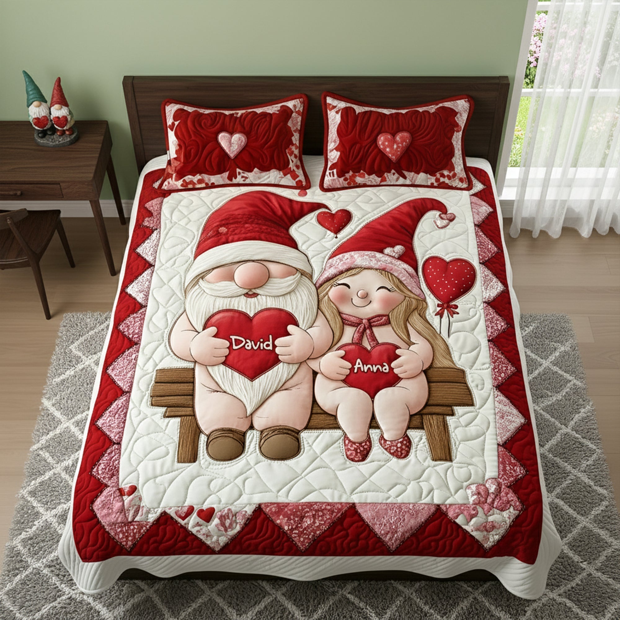 “Love Knows No Bounds” - Sweet Gnome Couple Quilt Bed Set - Personalized Gift for Couples Blanket PopCulturePrints