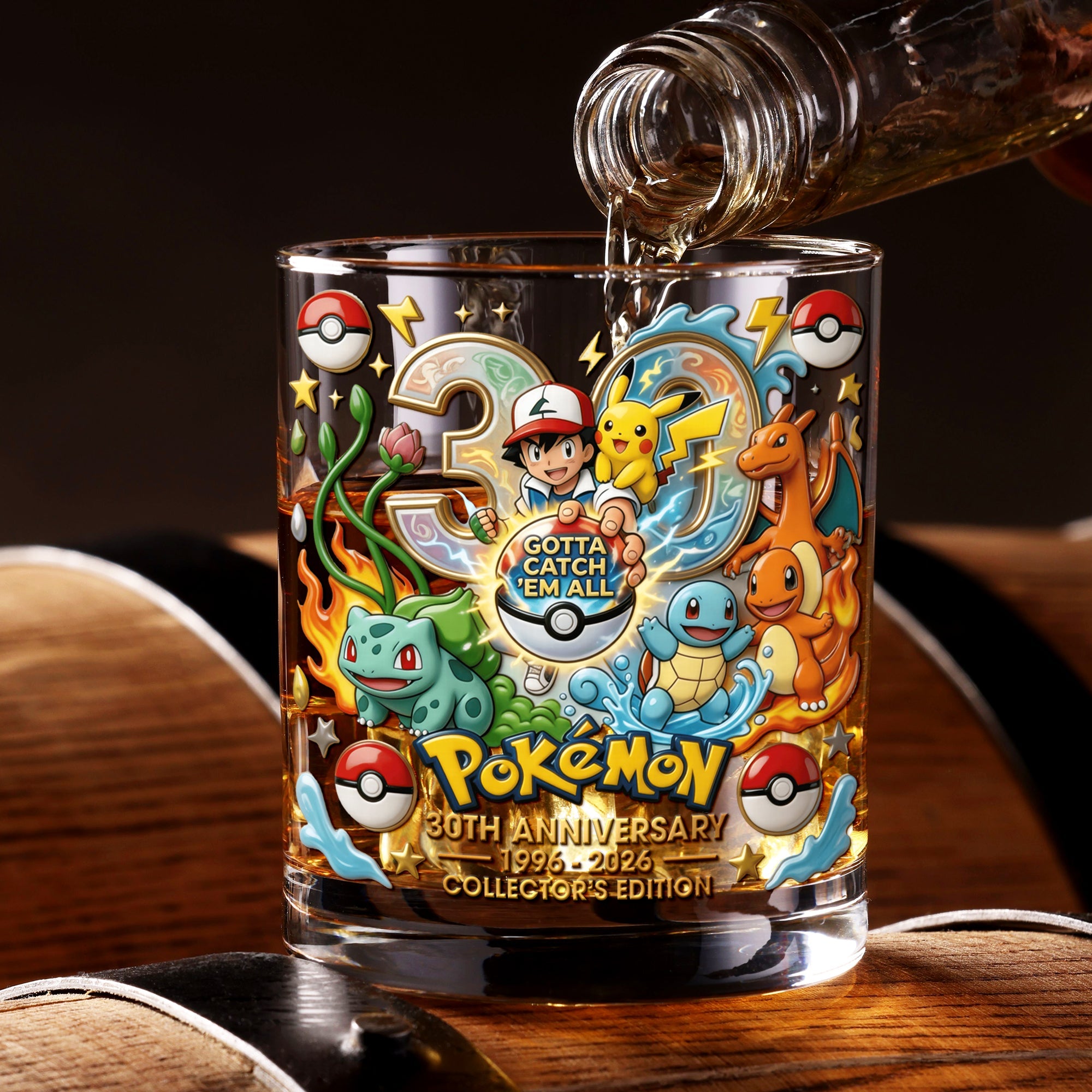 Gotta Catch ‘Em All – 30 Years Monster Adventure Round Glass - Personalized Anniversary Gift Glass PopCulturePrints