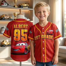 Load image into Gallery viewer, “Race into Fun!” - Personalized Race Car Baseball Jersey - Perfect Gift for Kids
