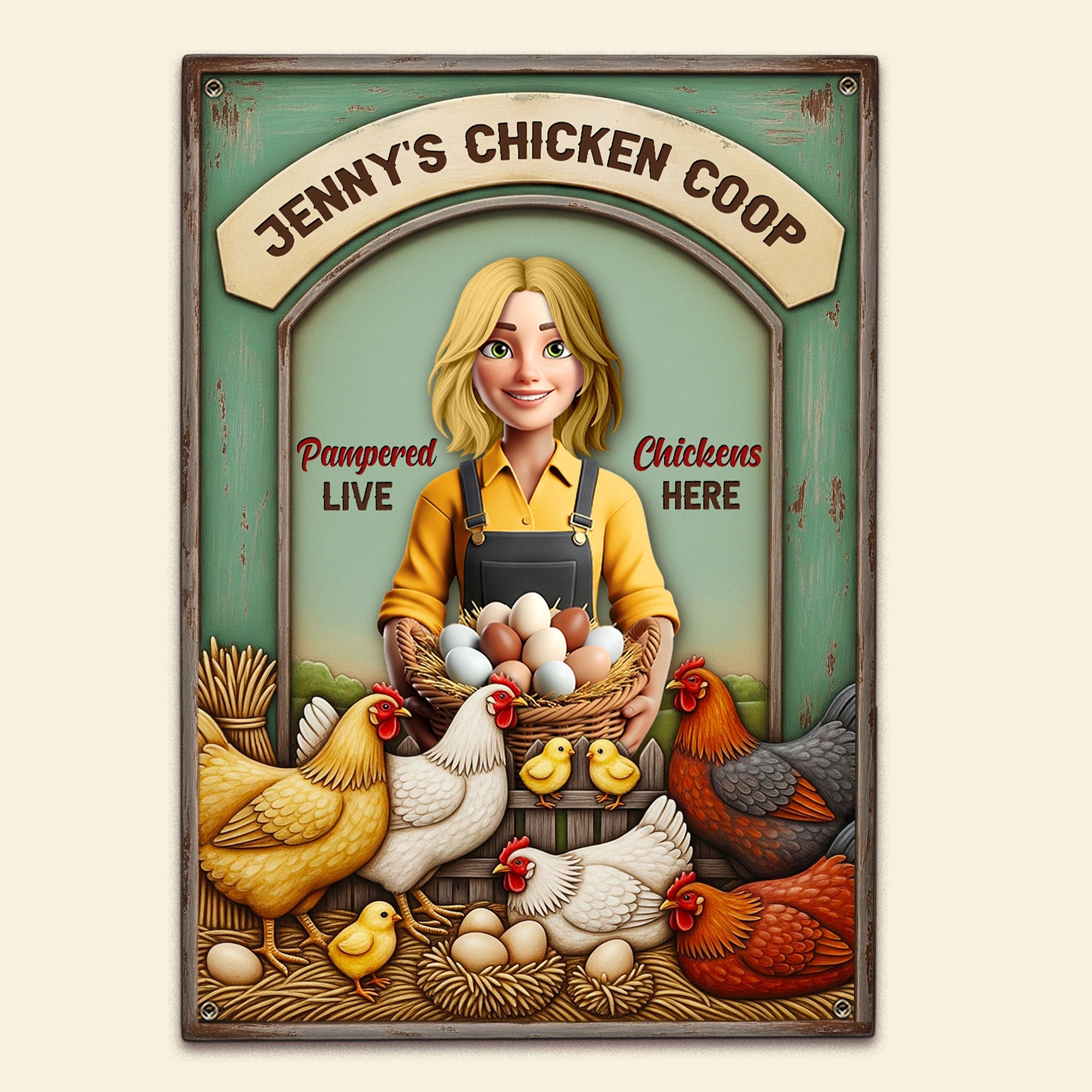 Pampered Chickens & Happy Farmer - Personalized Farm Chicken Girl Metal Sign Metal Signs PopCulturePrints