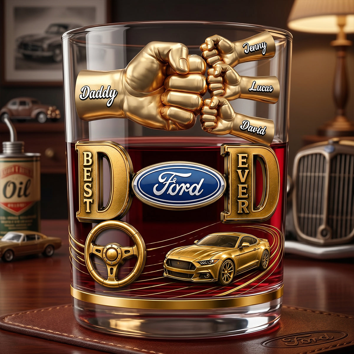 "Best Dad Ever" - Personalized Muscle Car Dad Round Glass - Unique Gift for Dads and Grandpas Glass PopCulturePrints