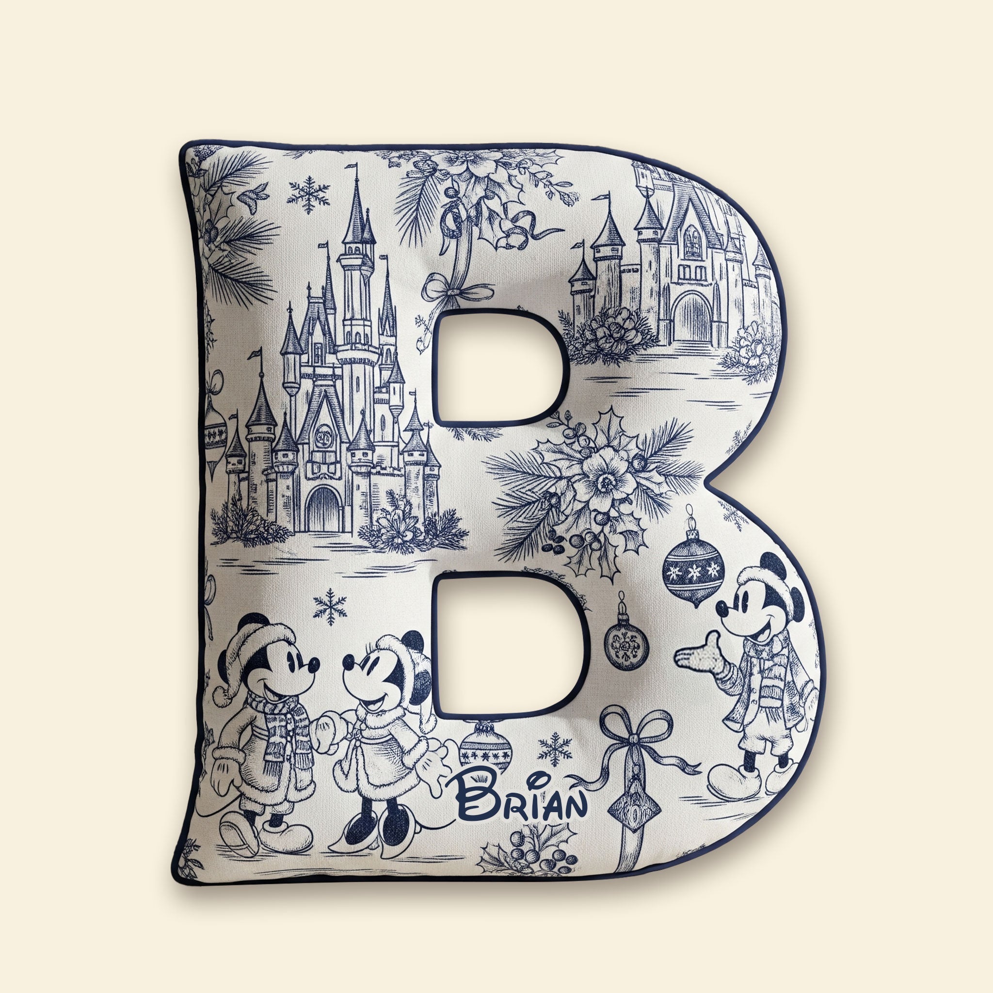 Personalized Toile de Jouy Alphabet Christmas Shaped Pillow – A Unique Gift for Disney Lovers Pillow PopCulturePrints
