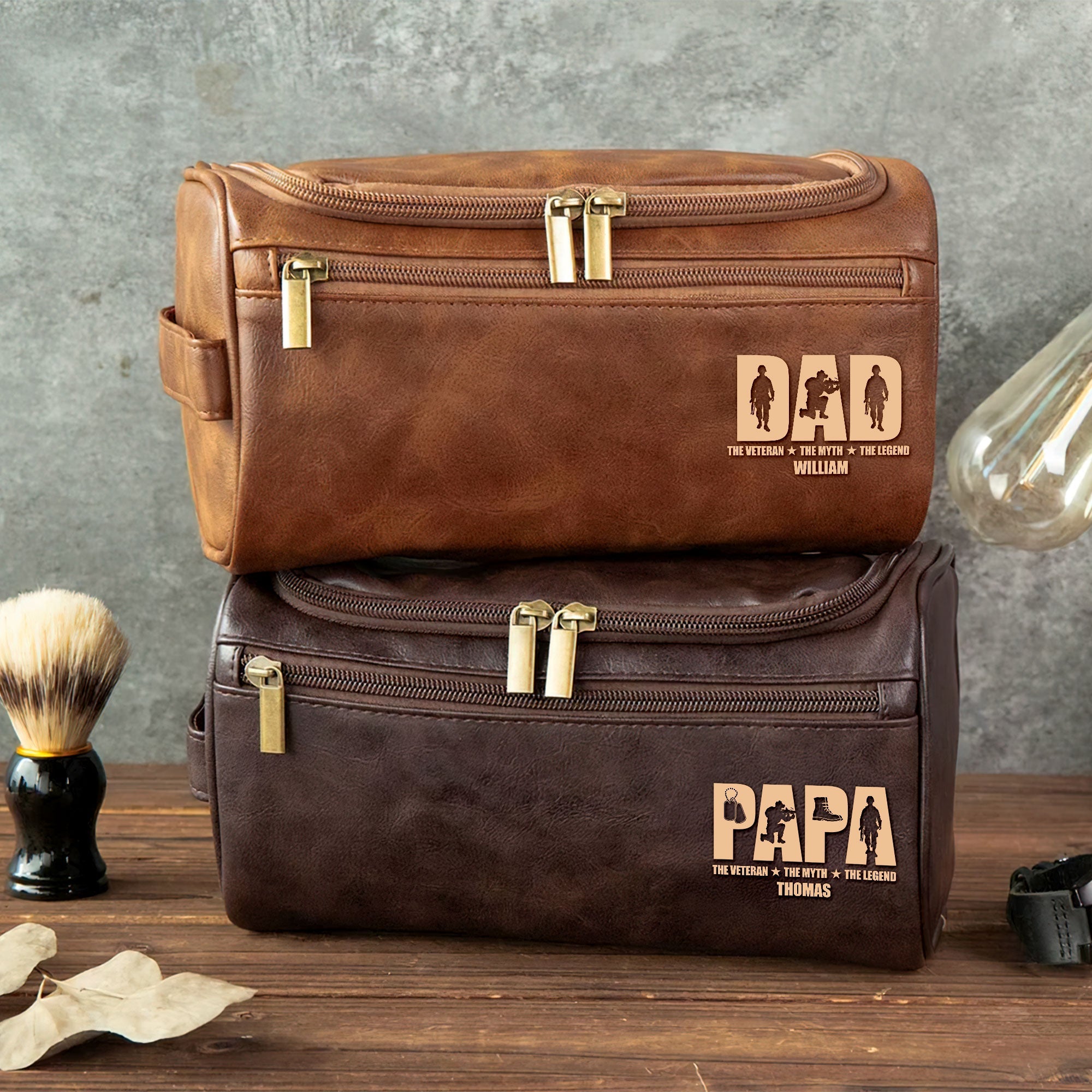 “Papa: The Veteran, The Myth, The Legend” - Personalized Leather Toiletry Bag, Gift for Dad and Grandpa Toiletry Bag PopCulturePrints