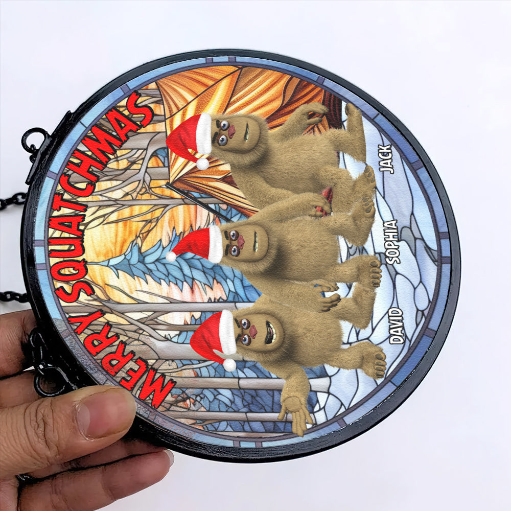 Customizable Merry Squatchmas Stained Glass Suncatcher for Bigfoot Enthusiasts