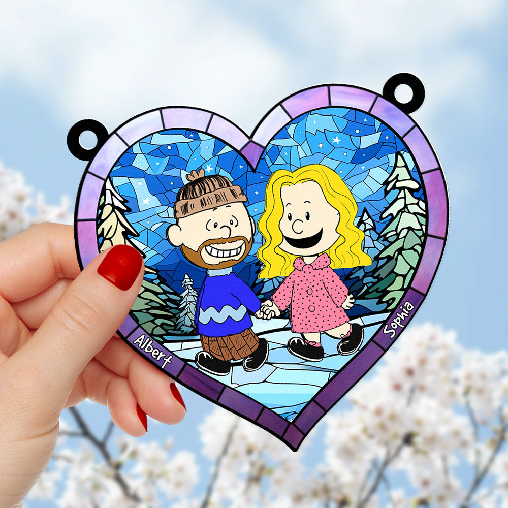 Personalized Cartoon Couple Heart Suncatcher - Hand In Hand Love Keepsake