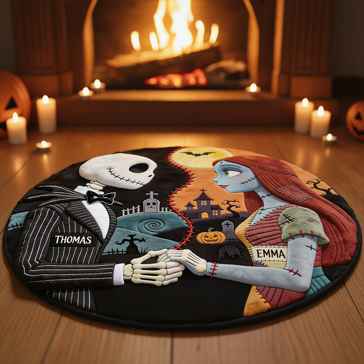 “Embrace the Spooky Spirit!” - Spooky Couple Round Mat - Personalized Halloween Gift for Couples, Friends, and Family