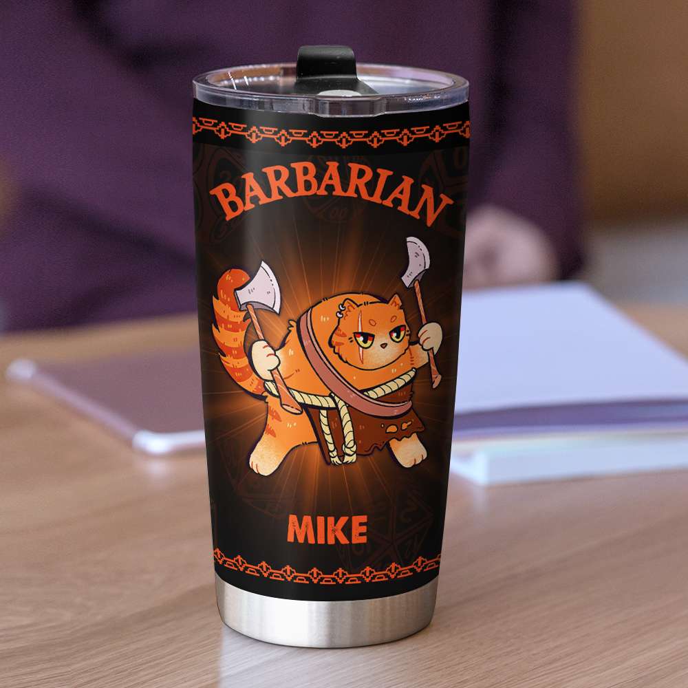 Customizable Barbarian Cat Gamer Tumbler - Personalized Gift for Cat Lovers