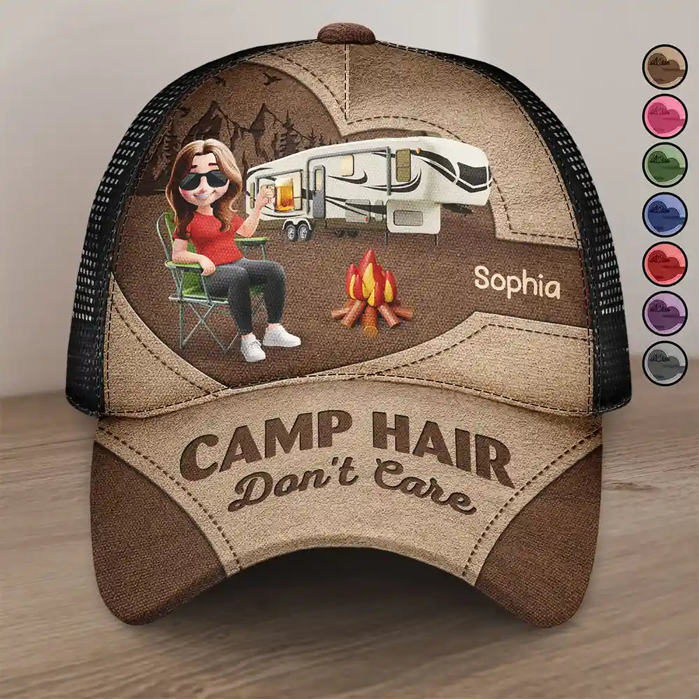 Camp Hair Don't Care - Personalized Mesh-back Cap for Outdoor Lovers Mesh-back Casual Cap PopCulturePrints