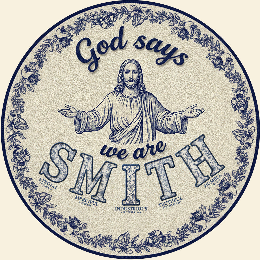 “God Says We Are Family” - Custom Alphabet Letters Round Mat - Personalized Gift for Christian Families Doormat PopCulturePrints