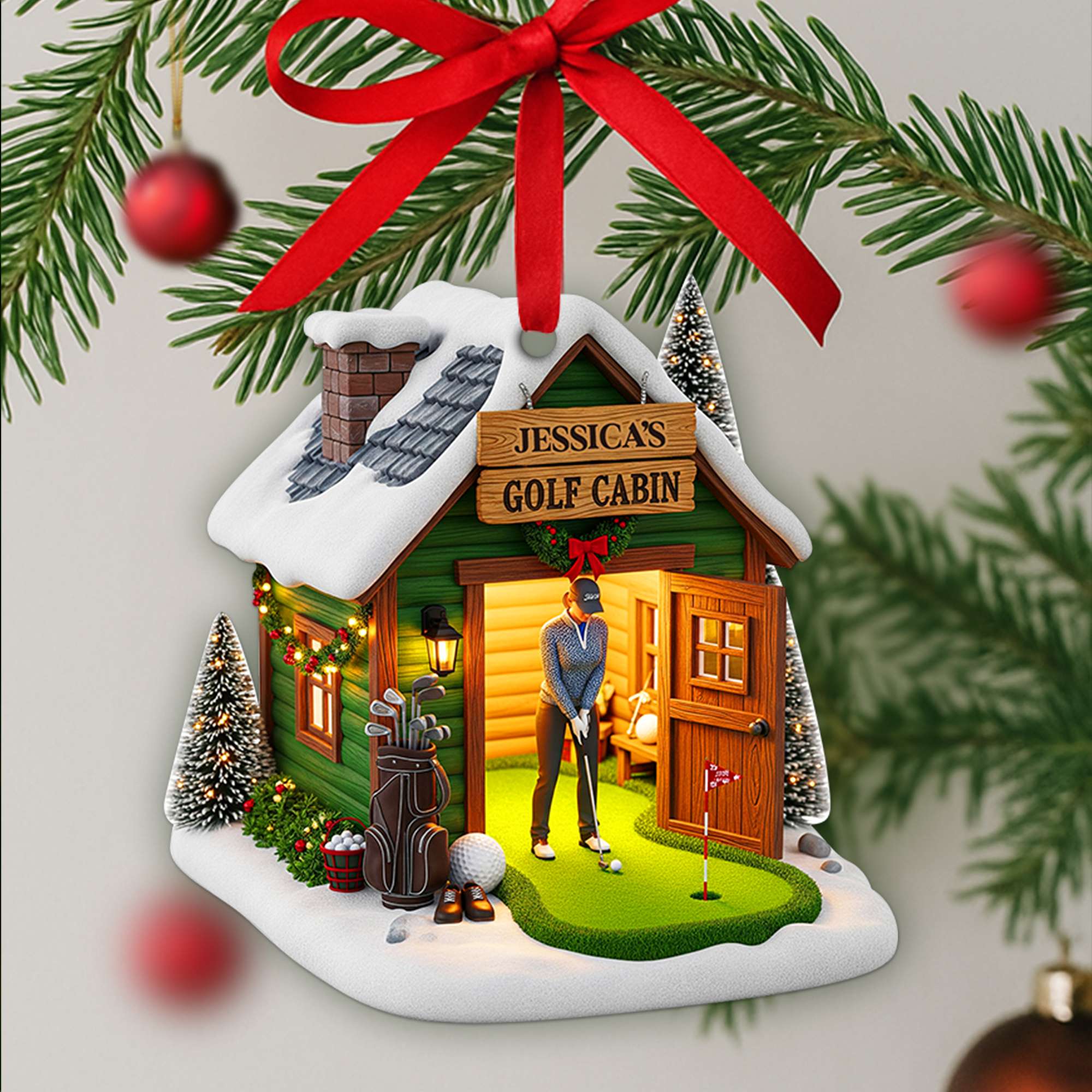 “Tee Off into Joy!” - Custom Golf Cabin Christmas Ornament - Personalized Gift for Golf Lovers Ornament PopCulturePrints