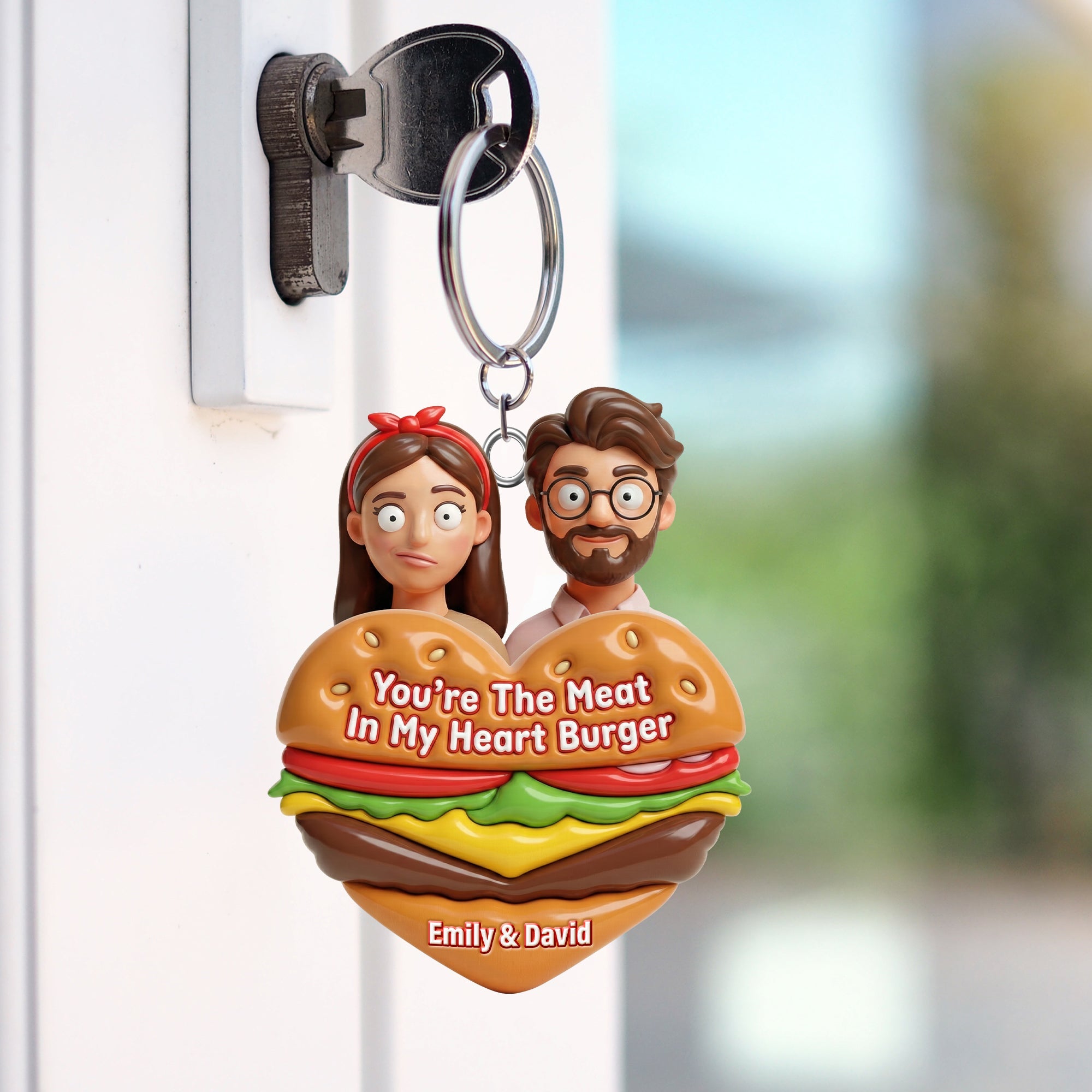 You're The Meat In My Heart Burger - Cute Food Pun Keychain | Personalized Gift for Couples Keychains PopCulturePrints